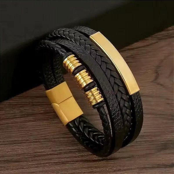 Pulseira masculina com detalhes em aço inoxidável dourado