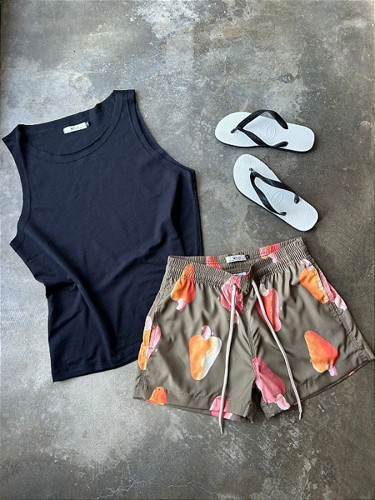 KIT: Regata Preta + Short Praia Chuva de Caju Verde