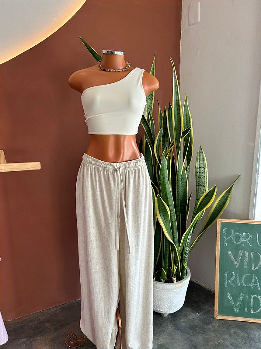 Calça Pantalona Viscolinho - Areia Clara