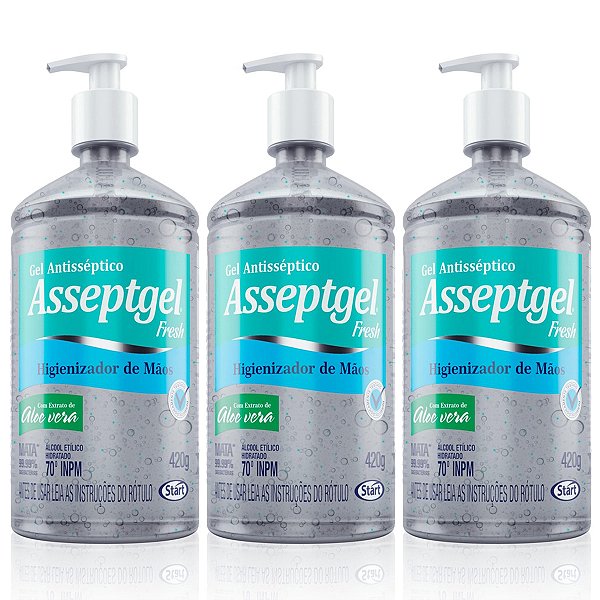 Álcool Em Gel Antisséptico 420gr Asseptgel Fresh Blue Kit 3