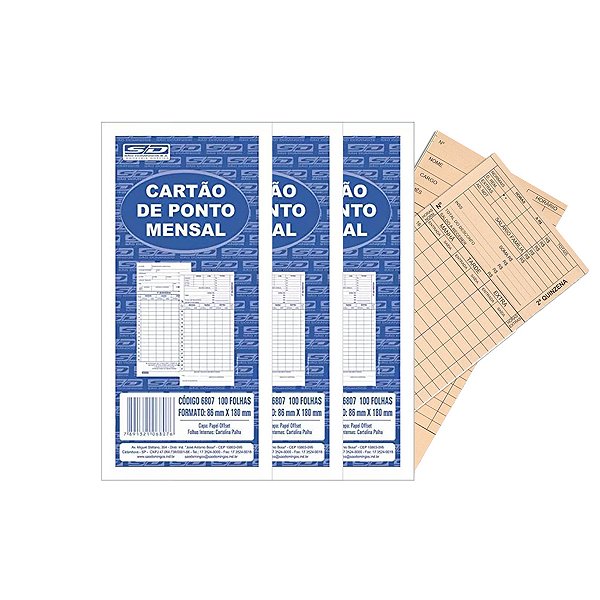 Cartão De Ponto Mensal SD 86x180 Spiral 100 Un Kit 3
