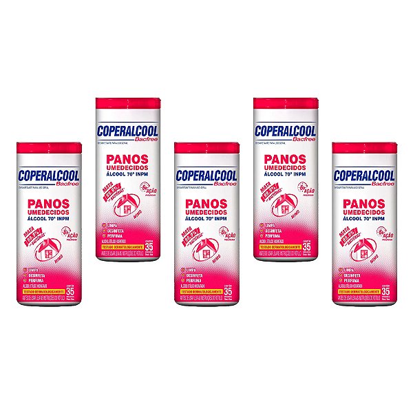 Pano Umedecido Coperalcool 70 INPM Mimo 35 Lenços Kit 5