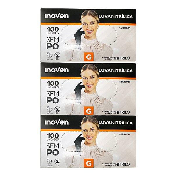 Luva Nitrílica Preta Sem pó Inoven Tamanho G Kit 3
