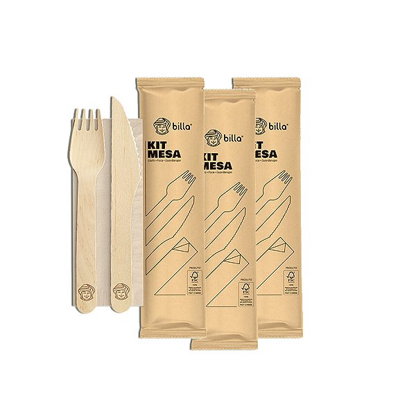 Garfo e Faca De Madeira Biodegradável Billa Mesa Kit 3