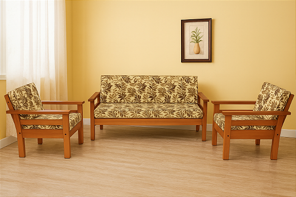 Sofá de Madeira 3 lugares e Poltronas