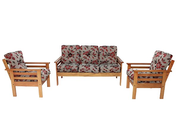 CONJUNTO DE SOFÁ 3 LUGARES E POLTRONAS EM MADEIRA
