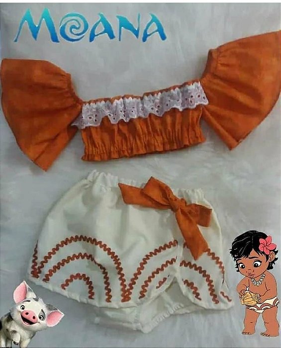 Moana super Luxo, completo, 7 peças : blusinha + saia + 2 opções de  acessório de cabelo (coroa de flores e flor d… em 2023