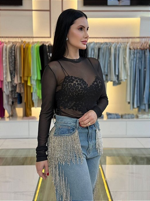 BLUSA BASIC DE TULE COM MANGAS LONGAS