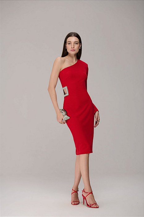VESTIDO MIDI DE UM OMBRO SÓ COM MANGA LONGA E RECORTE GEOMÉTRICO VAZADO