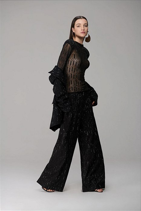 CALÇA RETA GLAM COM APLICACOES BRILHANTES
