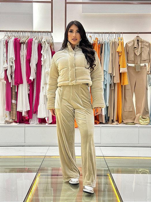 CONJUNTO PUFFER E CALÇA COM PUNHO VELUDO JAPÃO BEGE