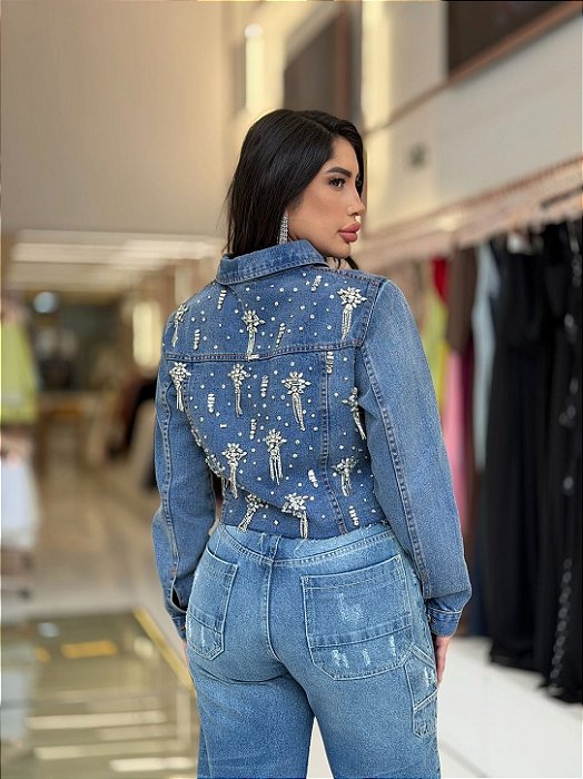 JAQUETA JEANS BORDADA BROCHE INDIGO
