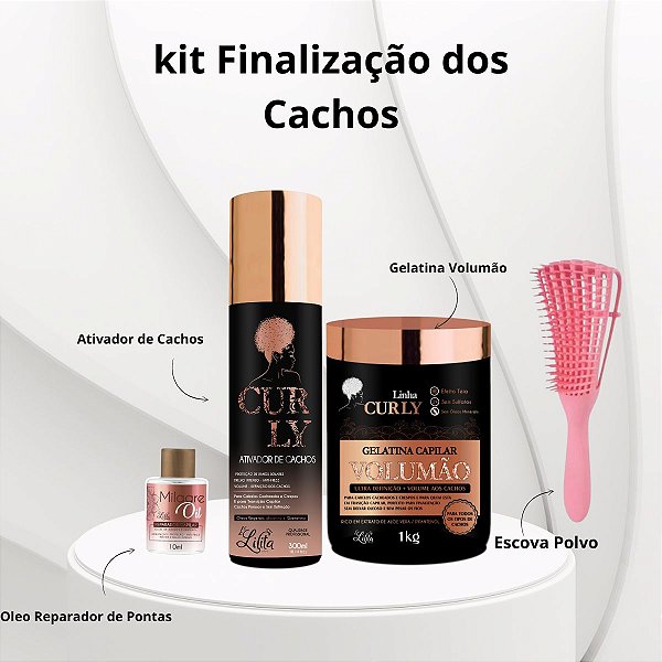 Kit Finalização  Cabelo Cacheados e crespos com ativador de Cachos Gelatina Escova Polvo e Oleo Reparador