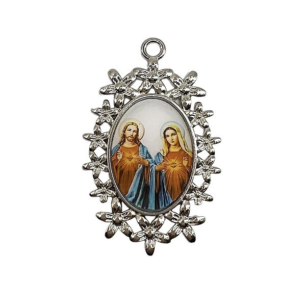 Medalha Sagrado Coração de Maria e Jesus com flores Níquel
