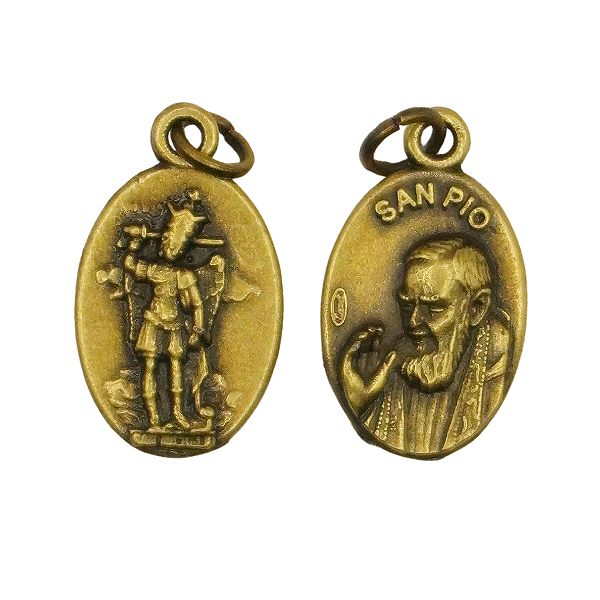Medalha São Miguel do Monte Gargano e Padre Pio  Ouro Velho 1 Unidade