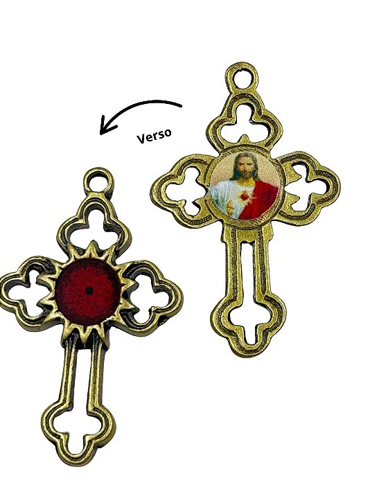 Cruz Vazada ouro velho resina vermelha vs Sagrado coração de jesus
