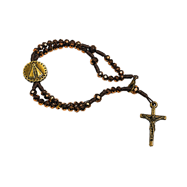 Terço Pulso Marrom com Medalha Nossa Senhora Aparecida Ouro Velho