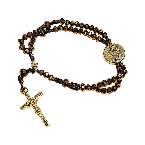 Terço Pulso Marrom com Medalha Nossa Senhora Guadalupe Dourada