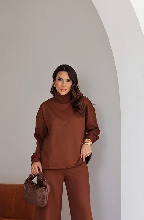 Blusa de Moletom com Gola - Marrom