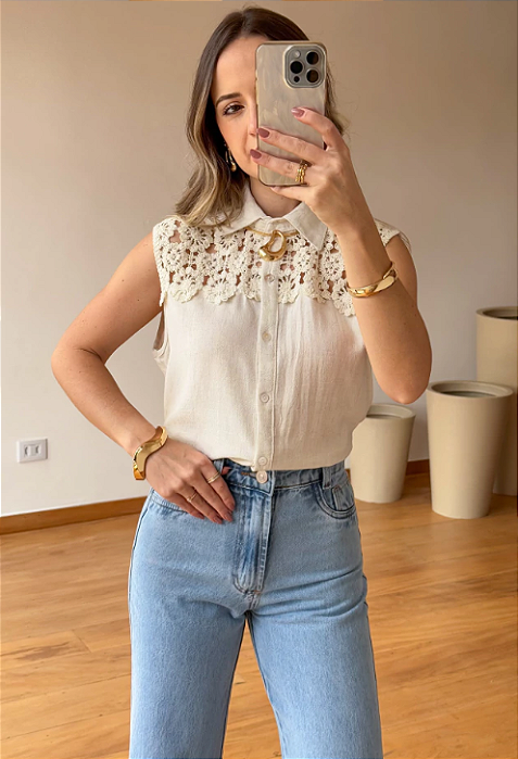 Camisa sem Manga Rendada