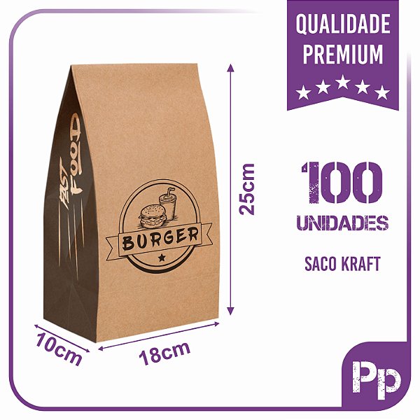 Sacos Kraft Para Delivery - PP (18x10x25) - 100 unidades - Modelo Burger