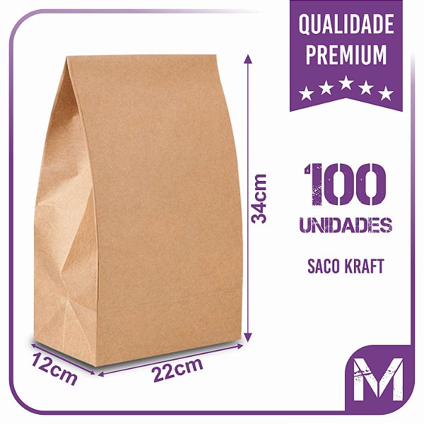 Sacos Kraft Para Delivery - M (22x12x34) - 100 unidades - Sem Impresão - Liso