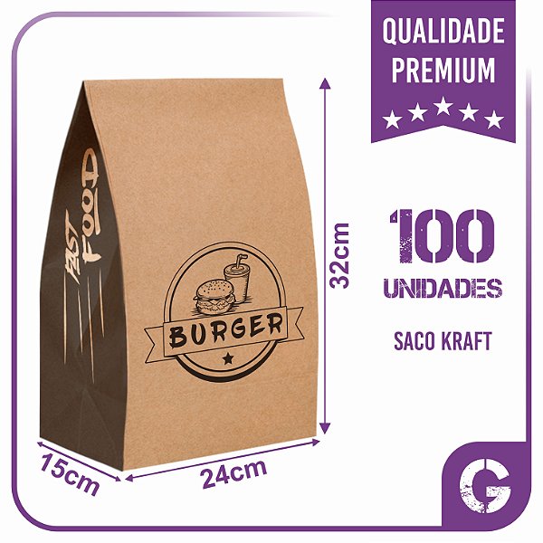 Sacos Kraft Para Delivery - G (24x15x32) - 100 unidades - Modelo Burger