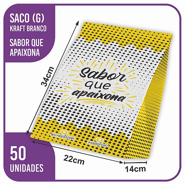 Sacos Kraft Branco Sabor Que Apaixona G (22x14x34) - 50 Unidades