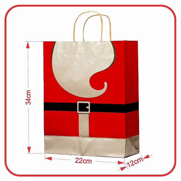 Sacola Kraft Feliz Natal Papai Noel 10 Unidades - 22x12x34 M
