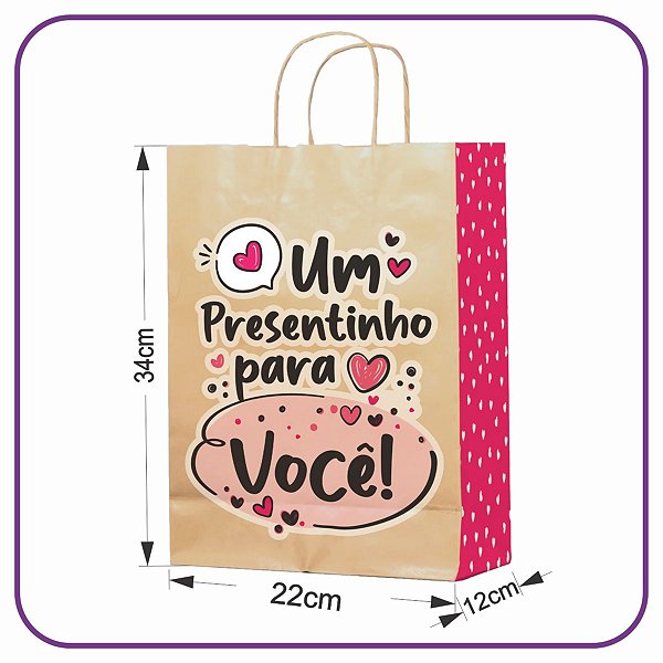 Sacola Kraft Presentinho para Você 50 Unidades - M 22x12x34
