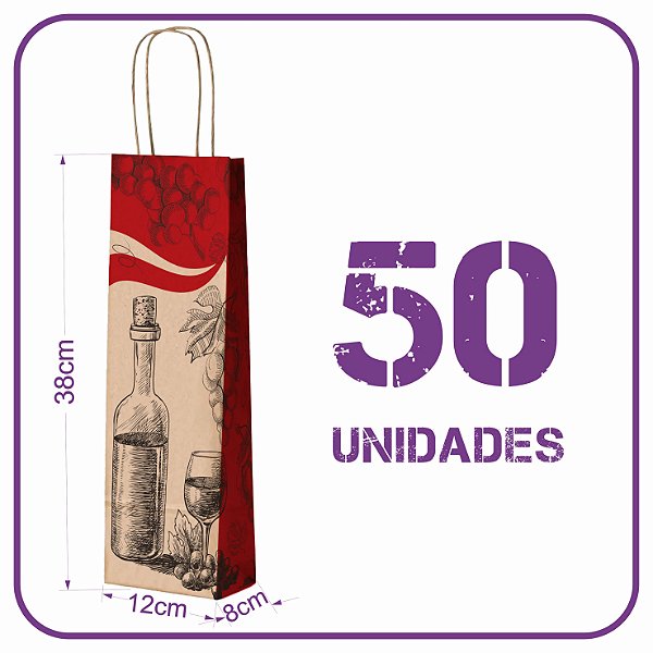 Sacola Kraft Para Vinho - Modelo Vermelho e Preto - 50 Unid