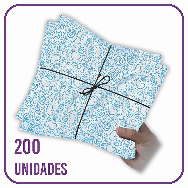Papel Seda Premium Corações Azul Ciano - 60x40cm 200 folhas