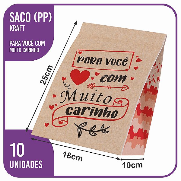 Saco Kraft PP 18x10x25 Com Muito Carinho (MC) - 10 Unidades