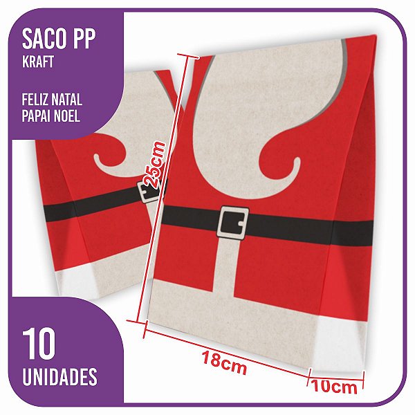 Saco Kraft Natal Papai Noel (01) 10 Unidades - 18x10x25 PP