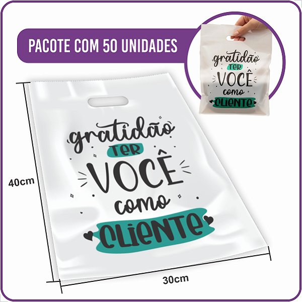 Sacola Plástica Boca de Palhaço Gratidão Cliente 30X40cm - (50 Unidades)