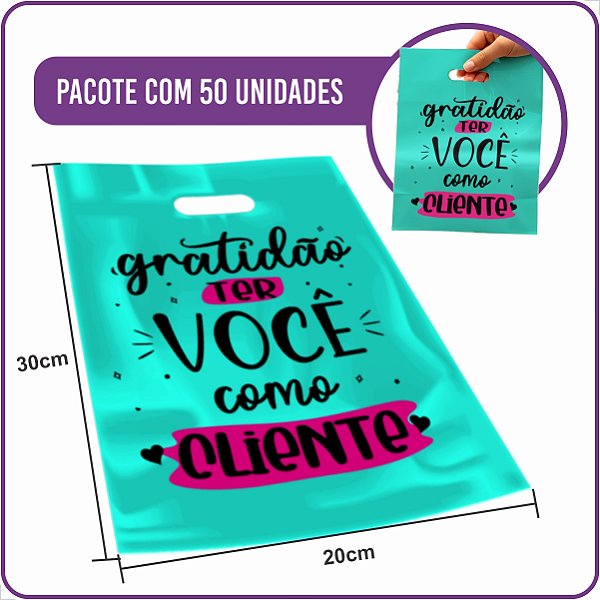 Sacola Plástica Boca de Palhaço Gratidão Cliente Tiffany 20x30cm - (50 Unidades)