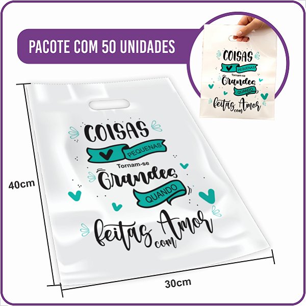 Sacola Plástica Boca de Palhaço Branca Coisas Feitas Com Amor 30X40 - (50 Unidades)