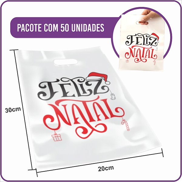 Sacola Plástica Boca de Palhaço Feliz Natal Branca 20x30cm - (50 Unidades)