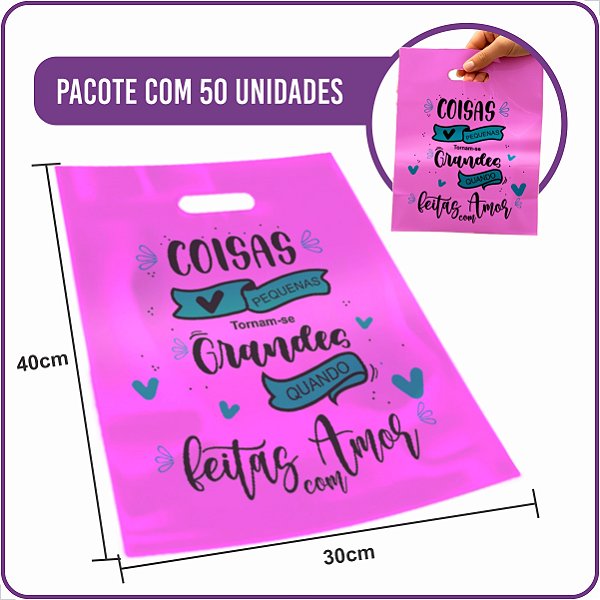 Sacola Plástica Boca de Palhaço Rosa Coisas Feitas Com Amor 30X40cm - (50 Unidades)