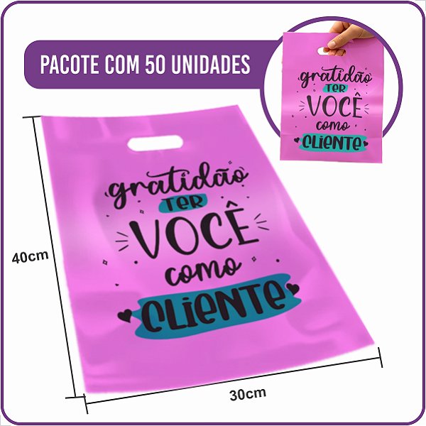 Sacola Plástica Boca de Palhaço Gratidão Cliente Rosa 30x40cm - (50 Unidades)