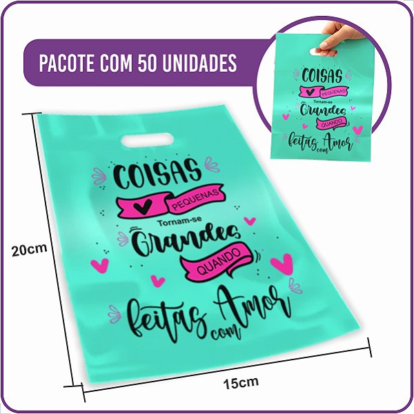 Sacola Plástica Boca de Palhaço Azul Tiffany Coisas Feitas Com Amor 15x20 - (50 Unidades)