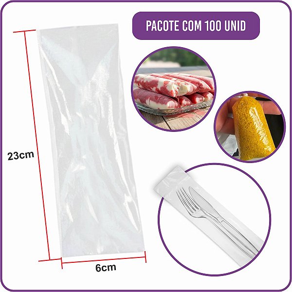 Saquinho Plástico Gelinho Geladinho Talher 6x23cm - (100 Unidades)