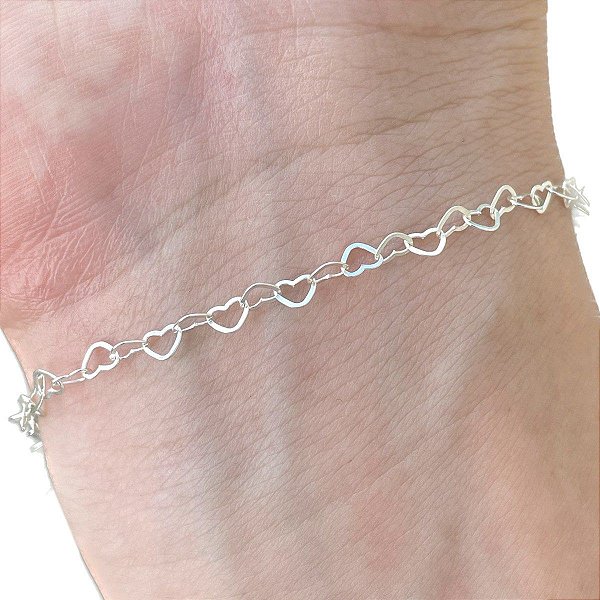 Pulseira Feminina Elos de Coração Prata Esterlina 925