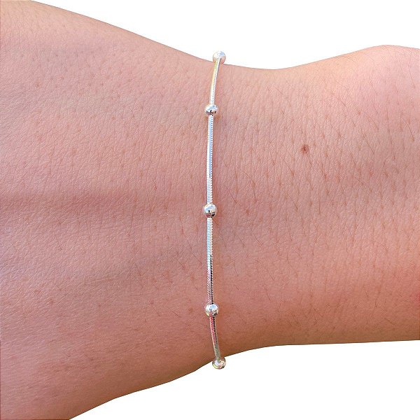 Pulseira Feminina Laminada Bolinhas Prata 925 Legítima