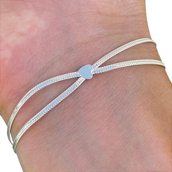 Pulseira com 2 Fios e Coração Prata Legítima 925 Feminina