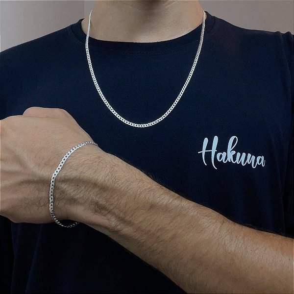 Kit Pulseira e Corrente Grumet Escamada 60cm 3mm Prata 925