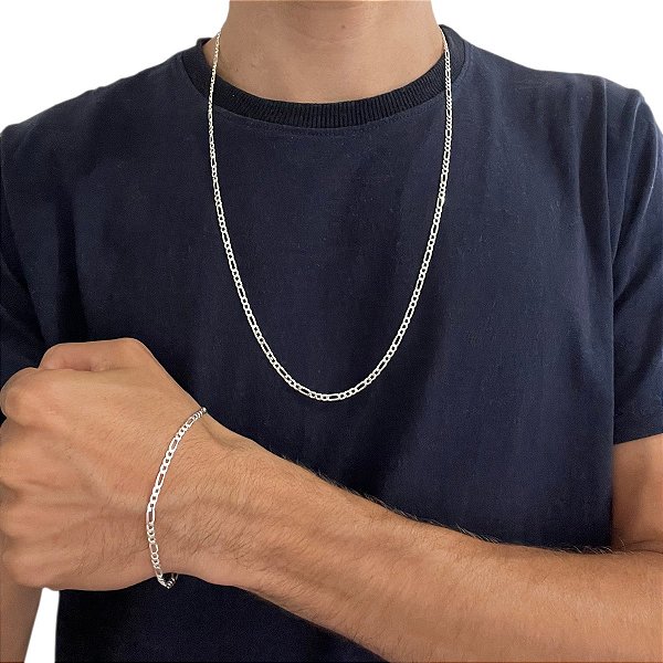 Conjunto Pulseira Corrente Masculina 3x1 3mm 70cm Prata 925
