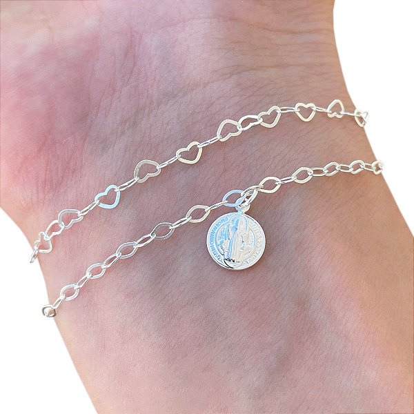 Kit 2 Pulseira Feminina Prata 925 São Bento Elos de Corações