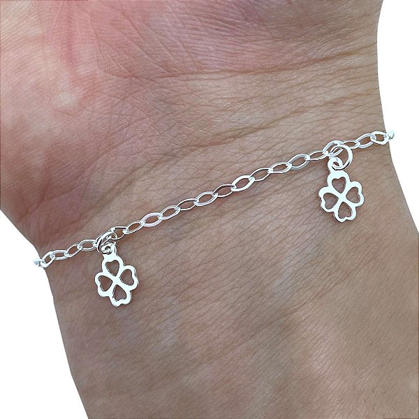 Pulseira Feminina Pingente Trevo Corações Prata 925 Legítima