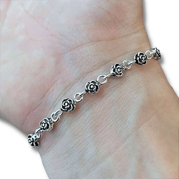 Pulseira Feminina Rosas Prata Bali 925 Legítima Envelhecida